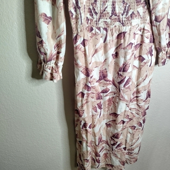 House of Harlow 1960 Palm Leaf Smocked Linen Blend Midi Dress sz L - Picture 4 of 10